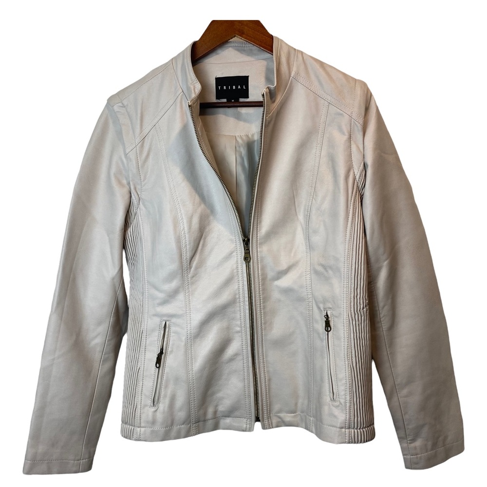 TRIBAL Women’s Jacket White Faux Leather Zipper Pockets Size Medium